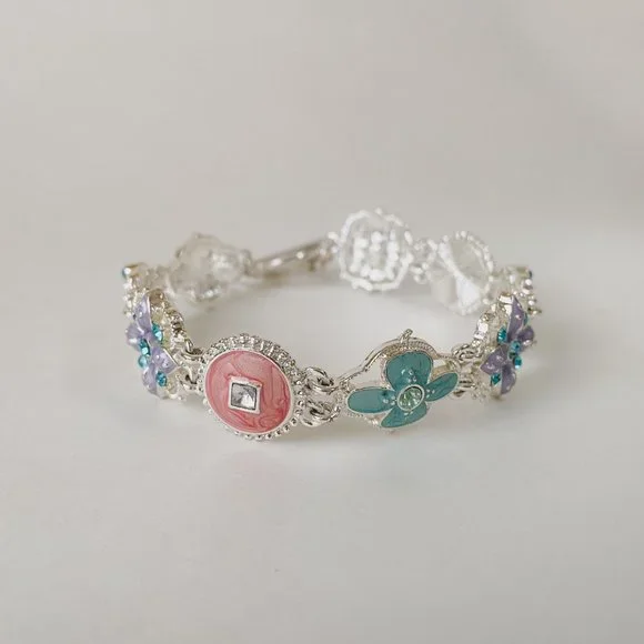 Napier Silver Tone Pastel Pink Blue Enamel Rhinestone Art Deco Chain Bracelet - Picture 3 of 9